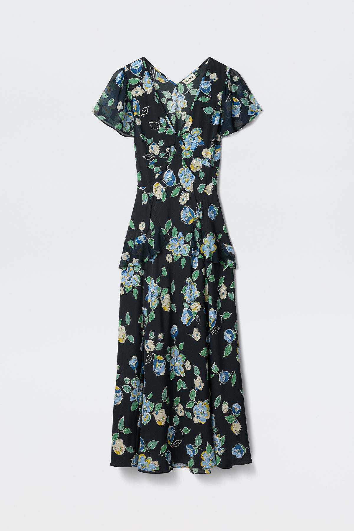 The Evie - Kimmie Floral Navy is a black, short-sleeved V-neck midi dress with a blue and green floral print and a flared skirt, shown against a plain white background.