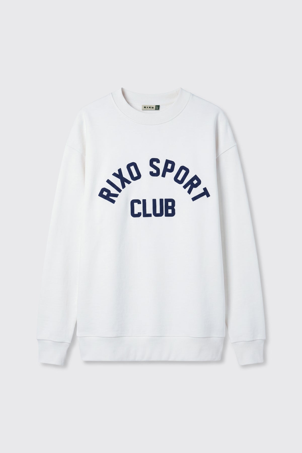 Blaze - Rixo Sport Club White, a white sweatshirt featuring large navy blue “RIXO SPORT CLUB” lettering across the front, displayed on a plain light background.