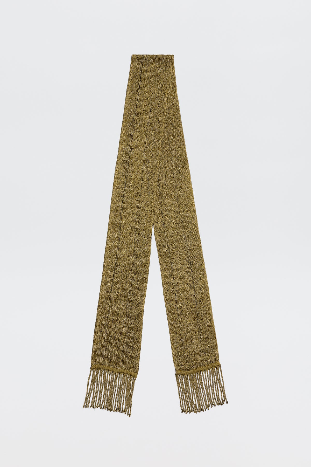 The Channing - Gold is a long, textured, vintage-inspired olive green scarf with thin fringe on both ends, displayed flat against a plain white background.