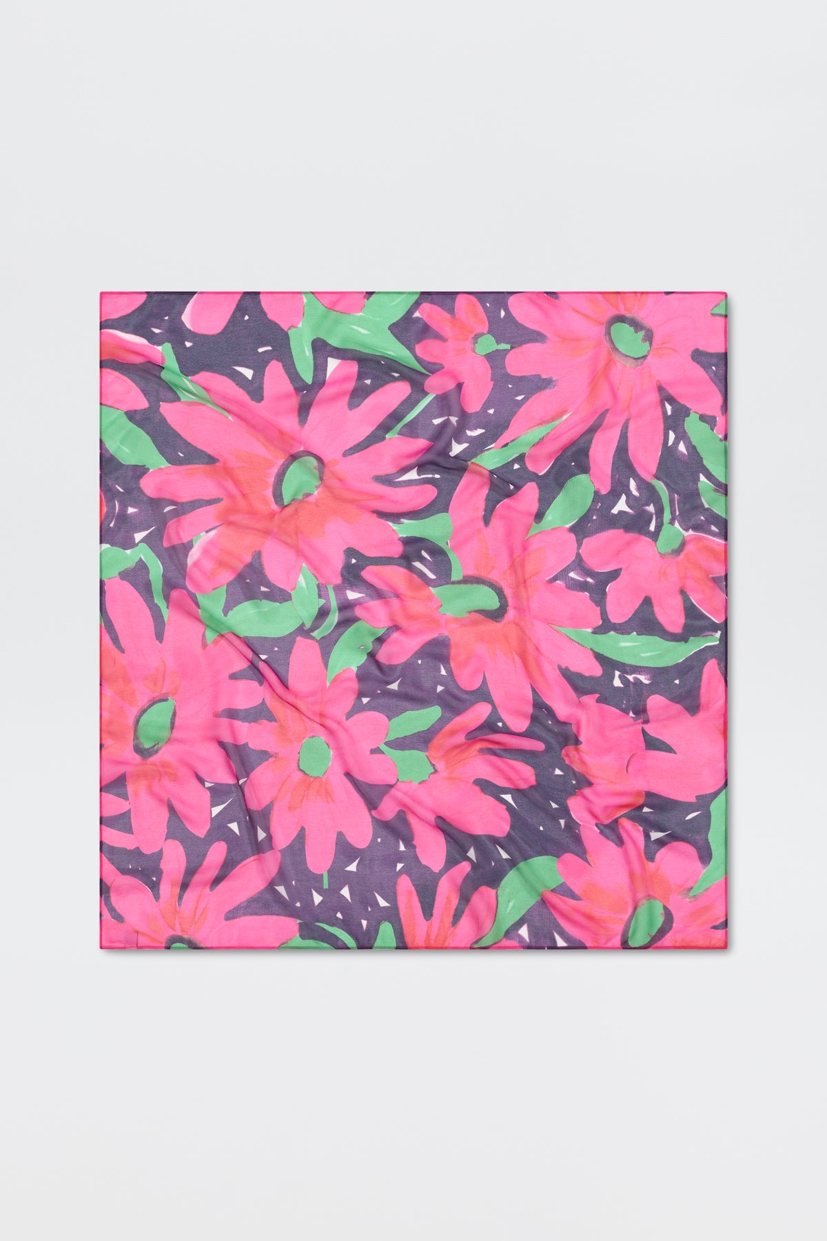 The Menno - Danish Floral is a square scarf with a bold pattern of large, bright pink flowers with green centers and leaves on a dark purple background, accented by small white details.