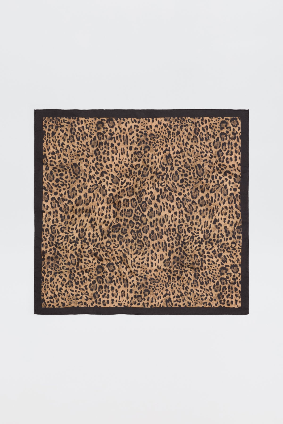 Elianna - Mila Leopard Brown square scarf featuring a leopard print pattern with a solid black border, displayed flat on a plain white background.