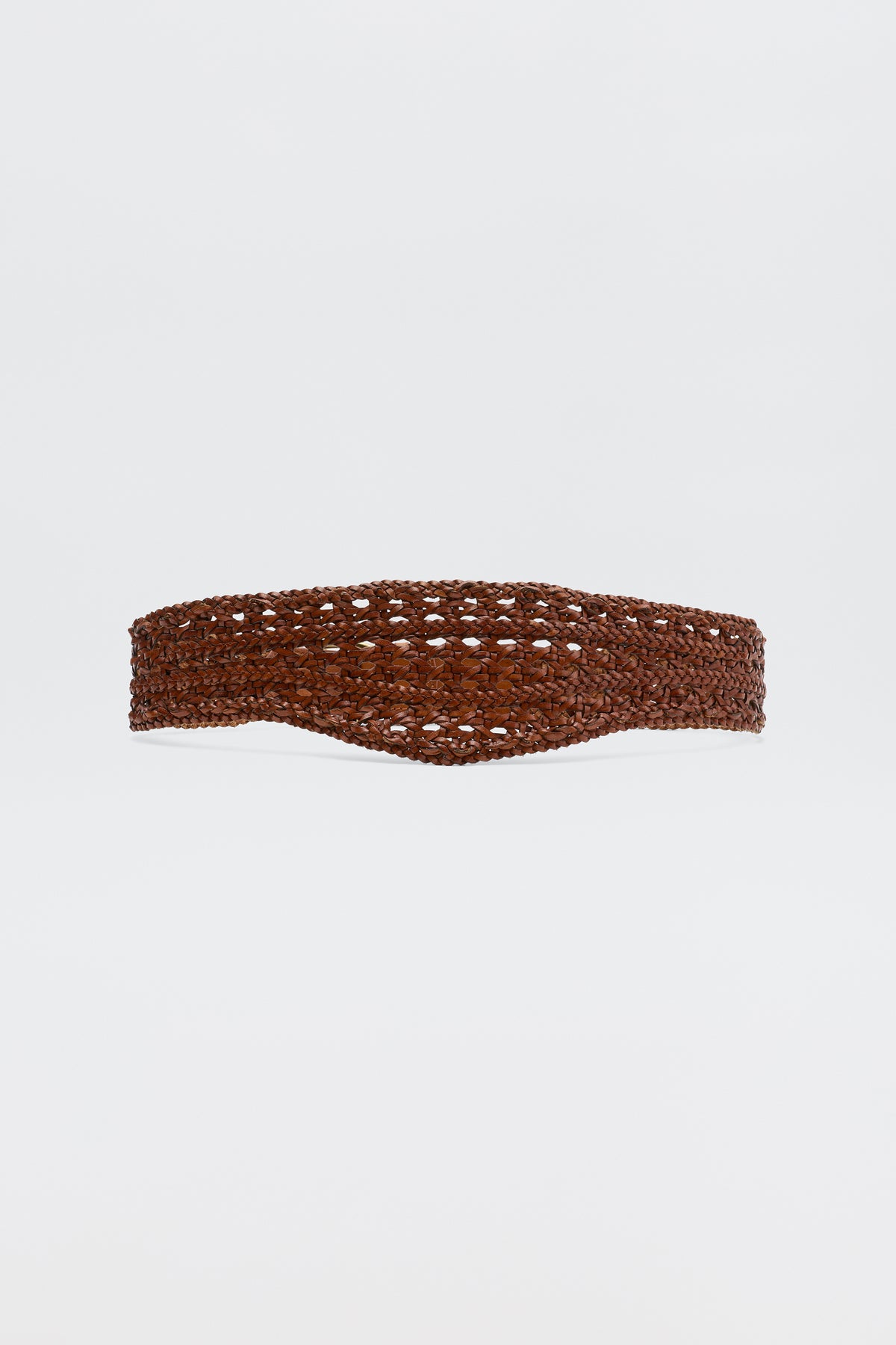 The Roxella - Tan belt, featuring a wide design and intricate open-weave pattern in brown, is displayed against a plain white background.