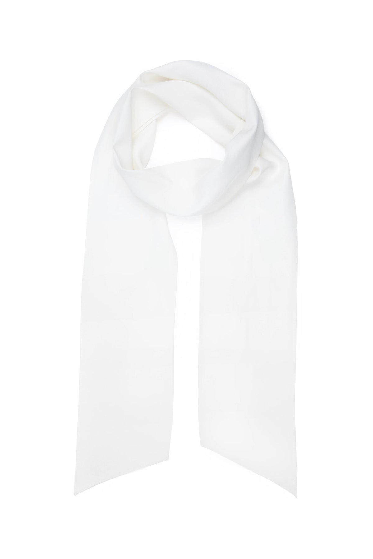 The "Hermione - Satin Back Silk Crepe" is a long, plain white scarf with pointed ends, laid flat on a white background and loosely looped at the top—an elegant bridal or wedding accessory.