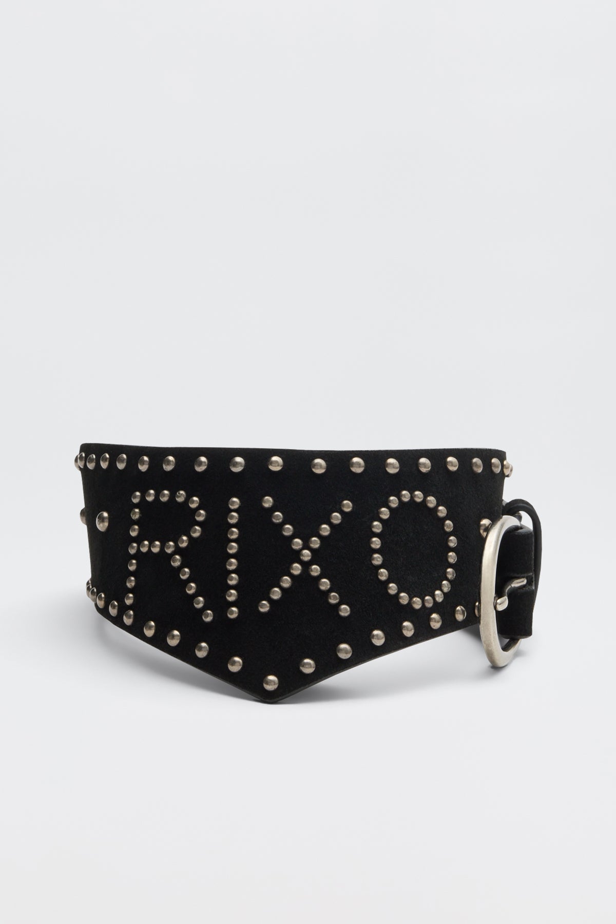 Introducing the Lorelei - Black: a wide black belt accented with silver studs that spell out RIXO and trace the edges, finished with a large silver buckle set on the right side.