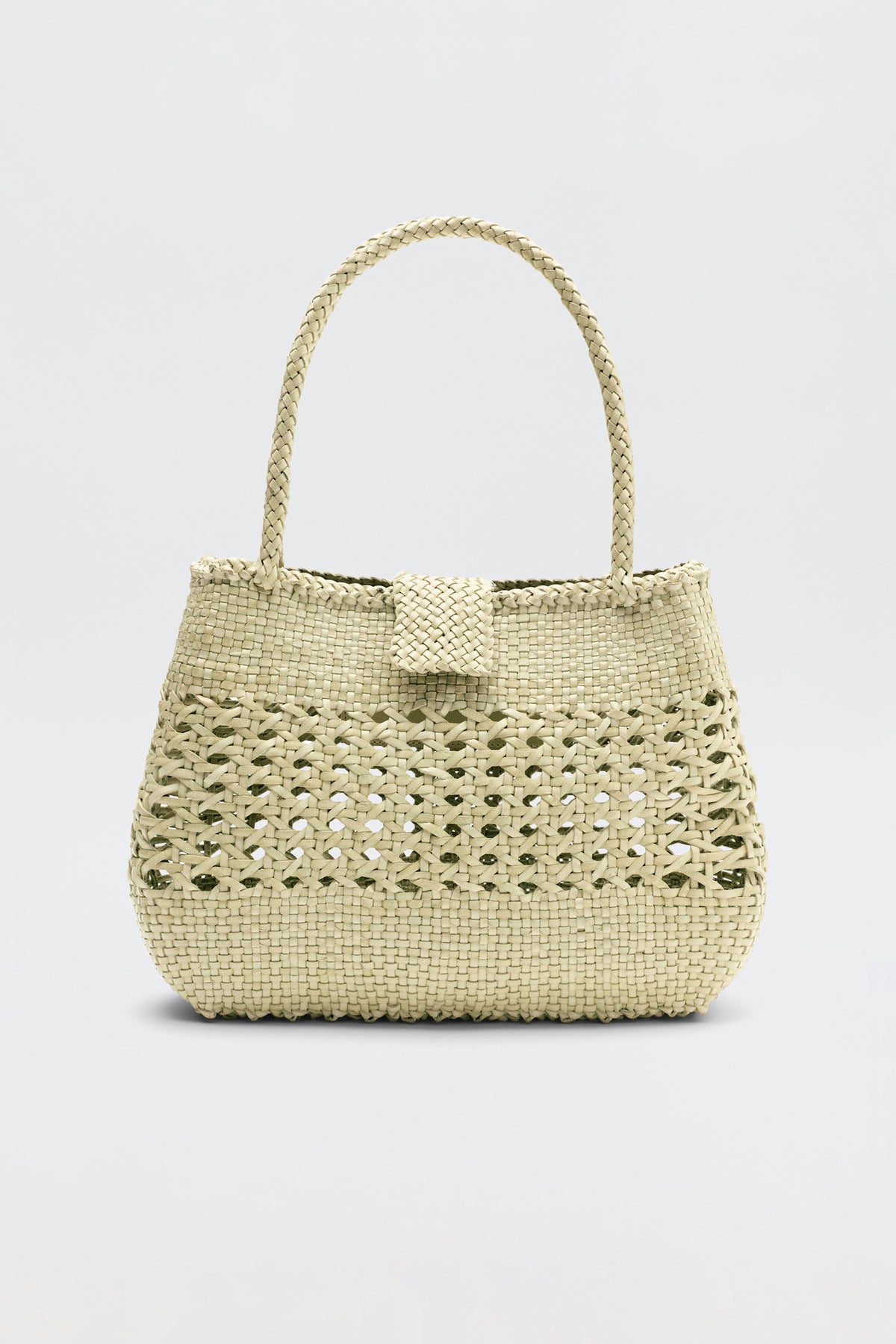 Niamh - Butter is a beige woven handbag inspired by vintage styles, featuring a braided top handle and a textured pattern, displayed against a plain light background.