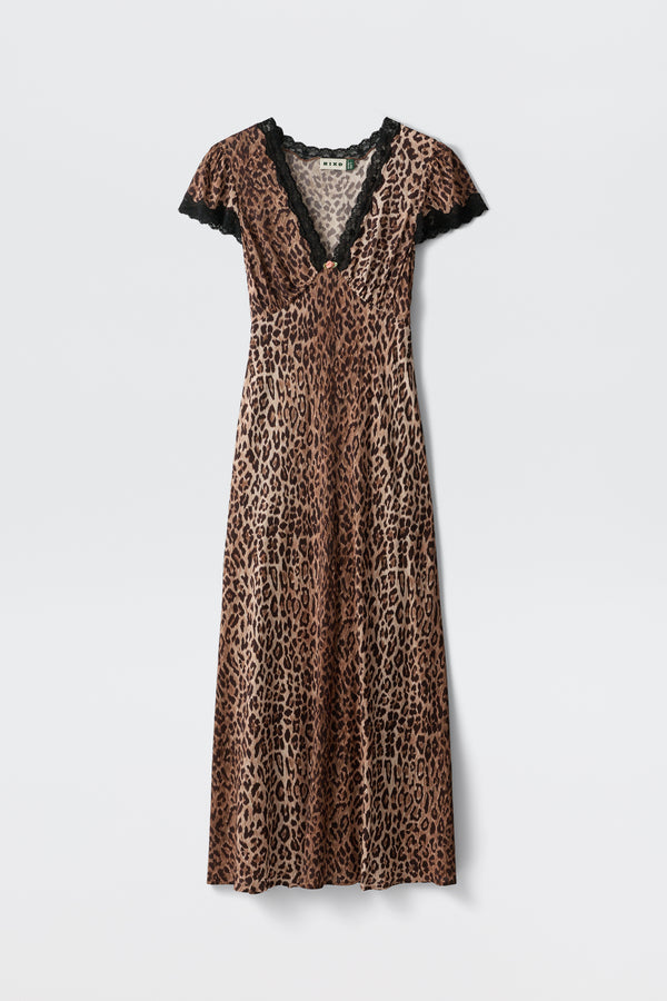 Clarice - Brown Leopard is a long, short-sleeved dress with a brown and black leopard print and a deep V-neckline trimmed in black lace.