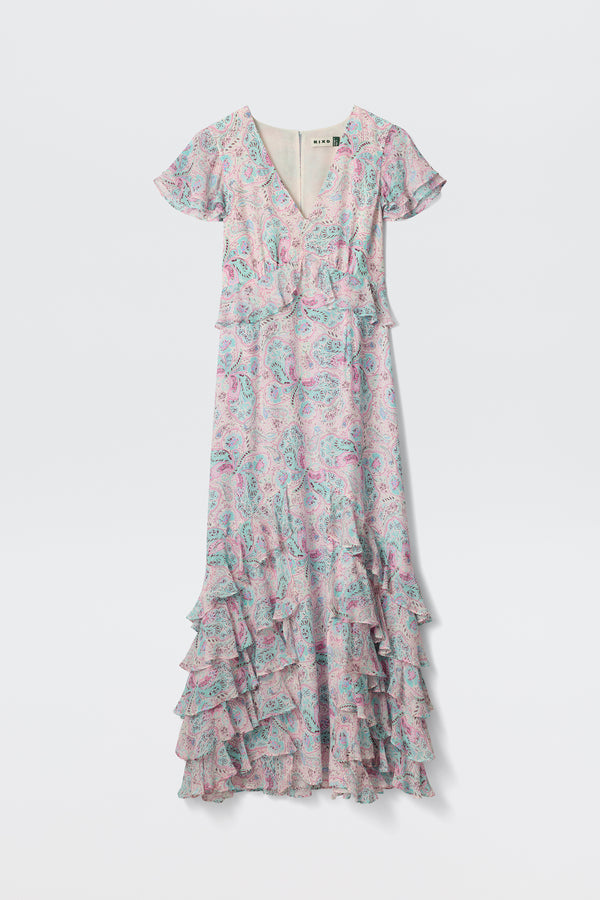 The Thanvi - Butterfly Paisley Cream gown is a long, pastel dress with flutter sleeves, a V-neckline, and layered ruffles—ideal as a romantic wedding guest dress—shown against a plain white background.