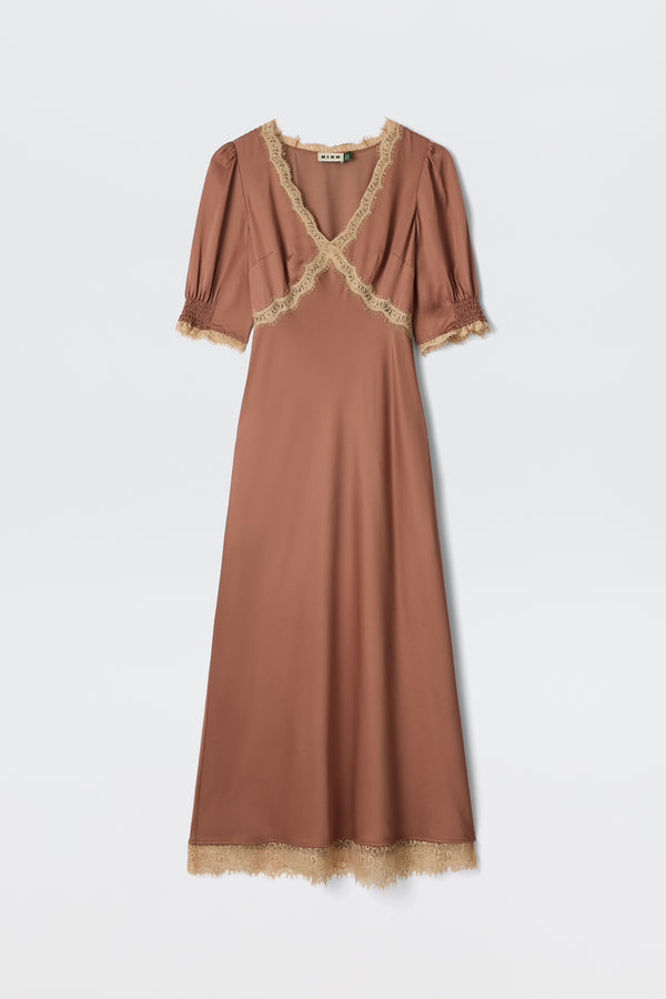 The Annina - Mocha is a long, short-sleeved brown dress with puffed sleeves and cream lace trim on the neckline, cuffs, and hem, shown flat on a white background.