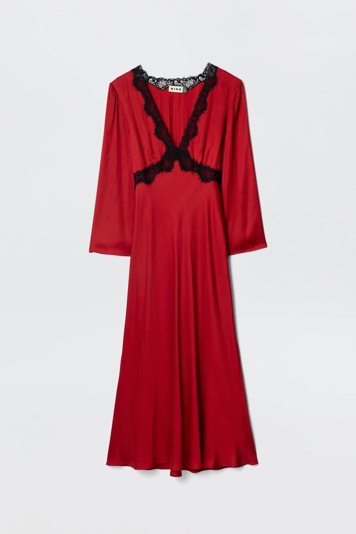 The Debra - Burgundy is a striking satin midi dress featuring wide sleeves and black lace trim on the V-neckline and underbust, elegantly showcased against a plain white background.