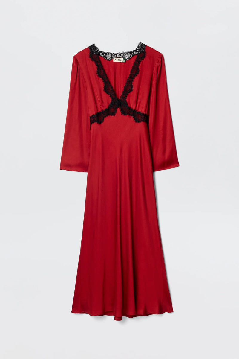 The Debra - Burgundy is a striking satin midi dress featuring wide sleeves and black lace trim on the V-neckline and underbust, elegantly showcased against a plain white background.