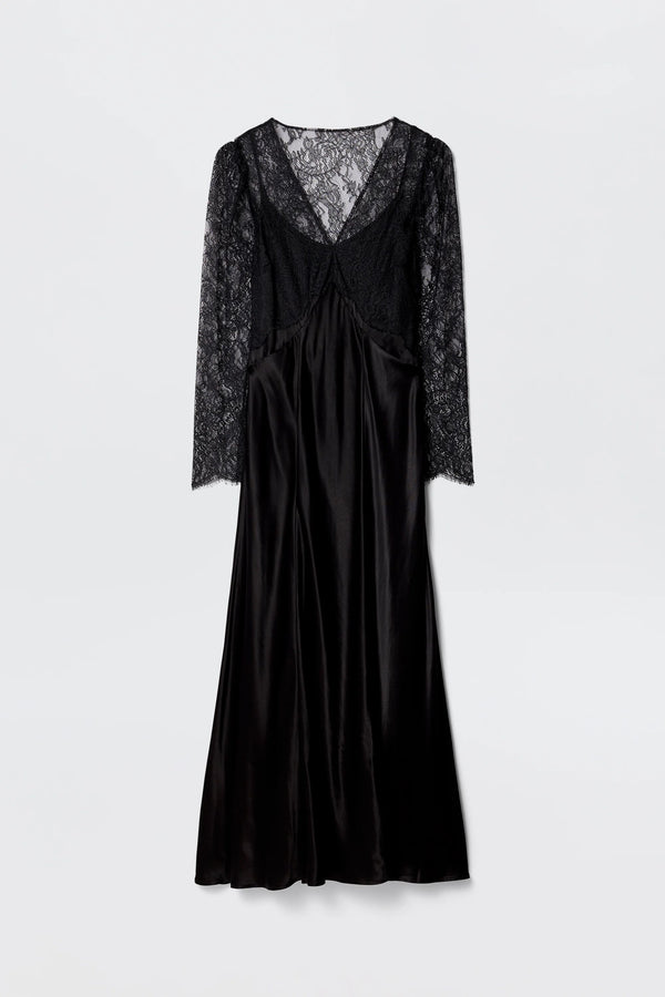 The Laoise - Black is a vintage-inspired dress with a V-neck, lace long sleeves and bodice, and a flowing satin skirt, shown elegantly against a plain light background.