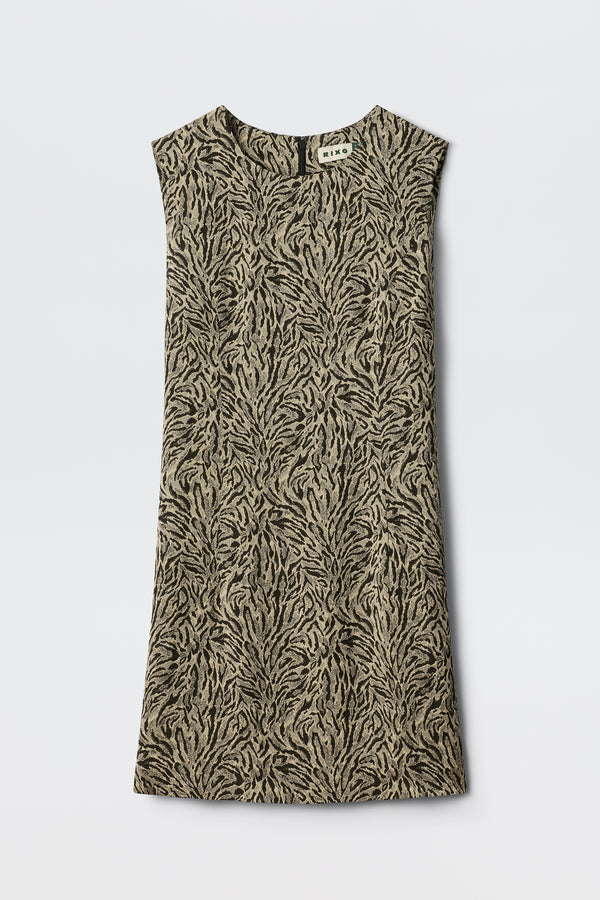 The Katrin - Sun Leo Tan is a sleeveless, knee-length dress with a brown and black abstract leaf or animal print, shown flat on a white background.