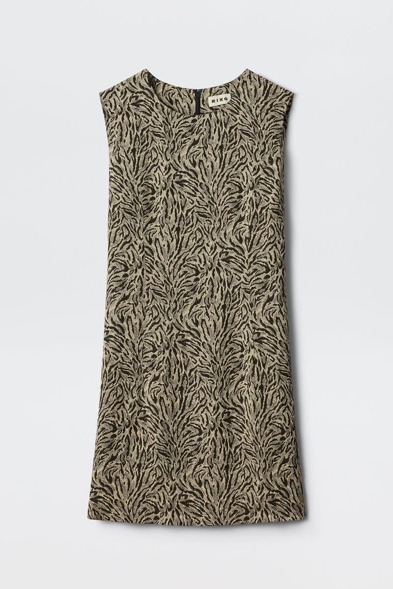 The Katrin - Sun Leo Tan is a sleeveless, knee-length dress with a brown and black abstract leaf or animal print, shown flat on a white background.