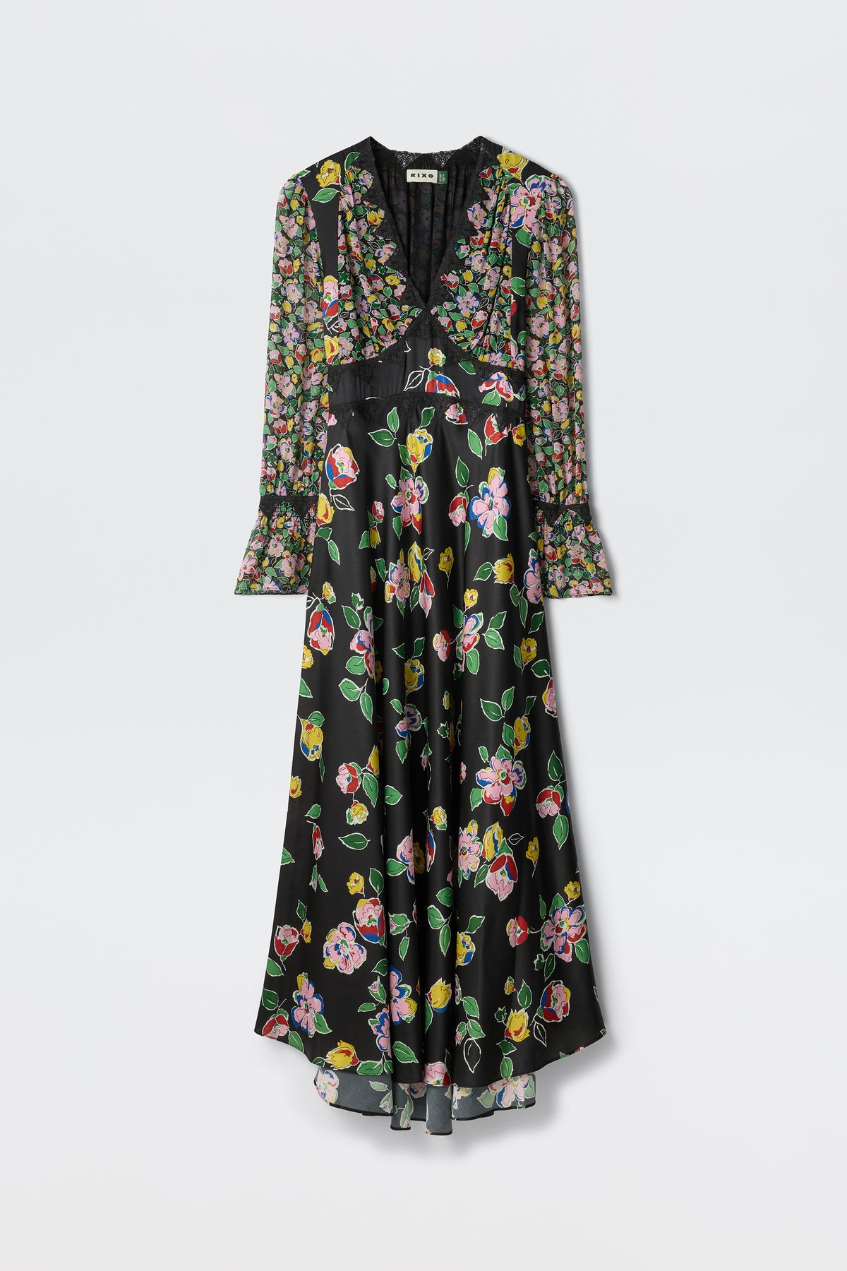 The Arlena Kimmie Mix Black is a long-sleeved, black floral dress with a V-neckline, multicolored flowers, sheer ruffled sleeves, and a flowing skirt.