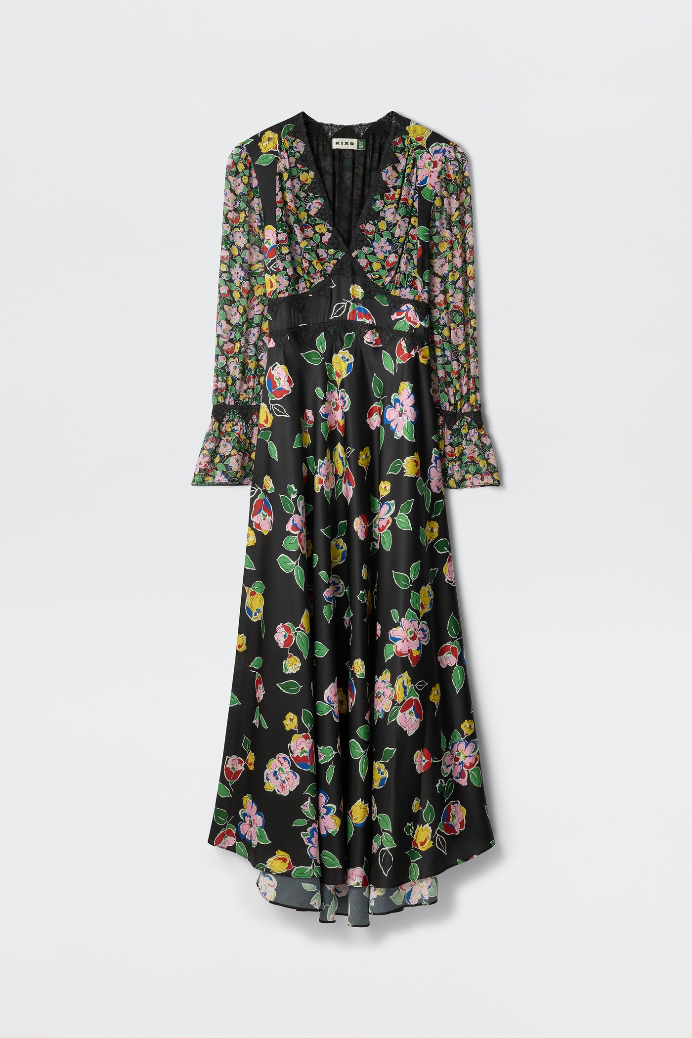 The Arlena Kimmie Mix Black is a long-sleeved, black floral dress with a V-neckline, multicolored flowers, sheer ruffled sleeves, and a flowing skirt.