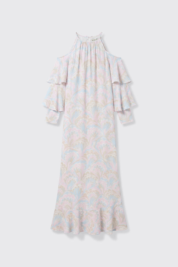 The Niara - Marble Swirl Pastel is a long dress featuring a pastel marble pattern, cold shoulder cutouts, ruffled sleeves, and a ruffled hem, shown against a plain white background.