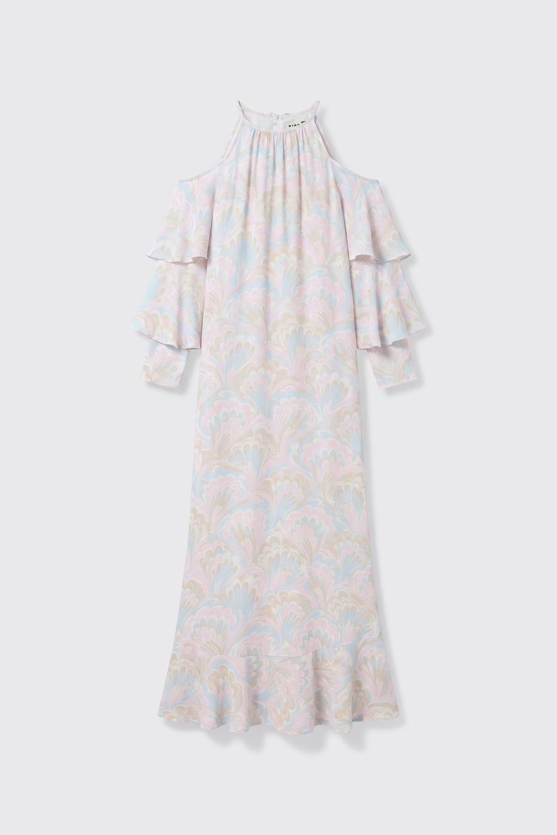 The Niara - Marble Swirl Pastel is a long dress featuring a pastel marble pattern, cold shoulder cutouts, ruffled sleeves, and a ruffled hem, shown against a plain white background.
