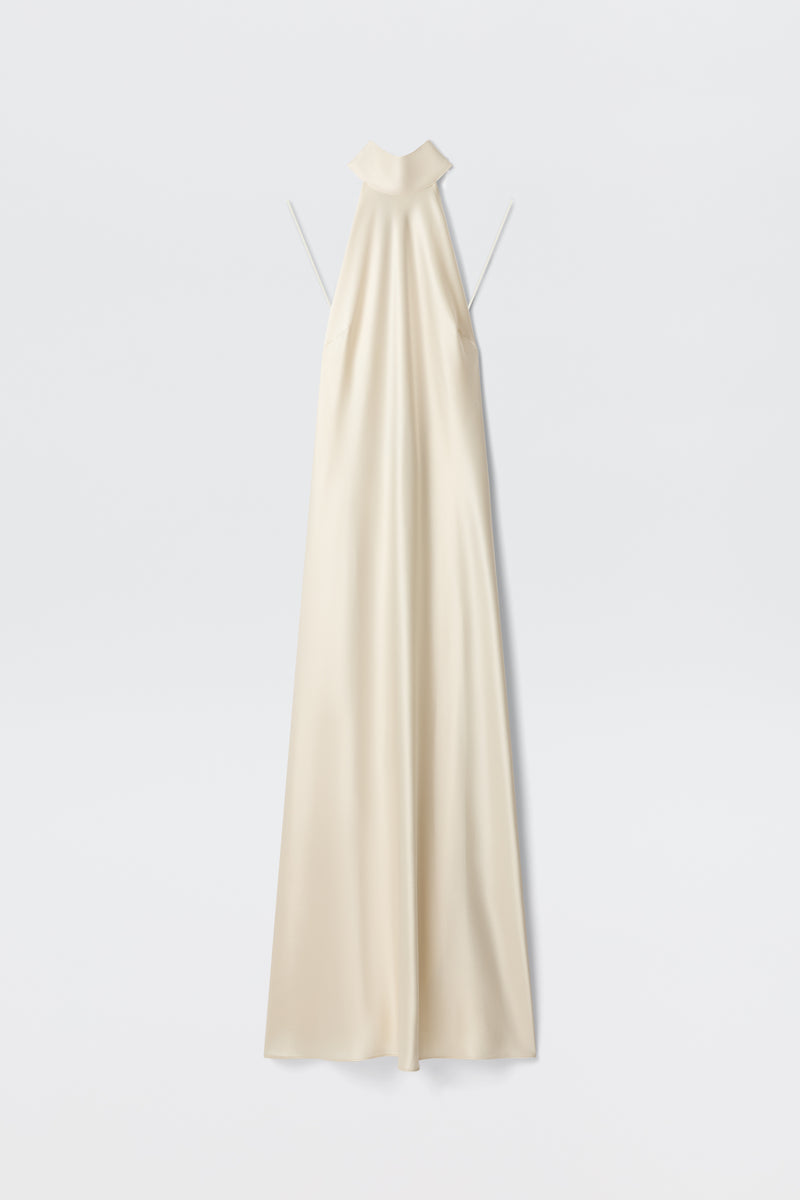 The Arista - Pearl is an elegant, long ivory satin dress with a high neckline, halter-style top, and thin straps. Displayed on a plain white background, it features a smooth, flowing silhouette.