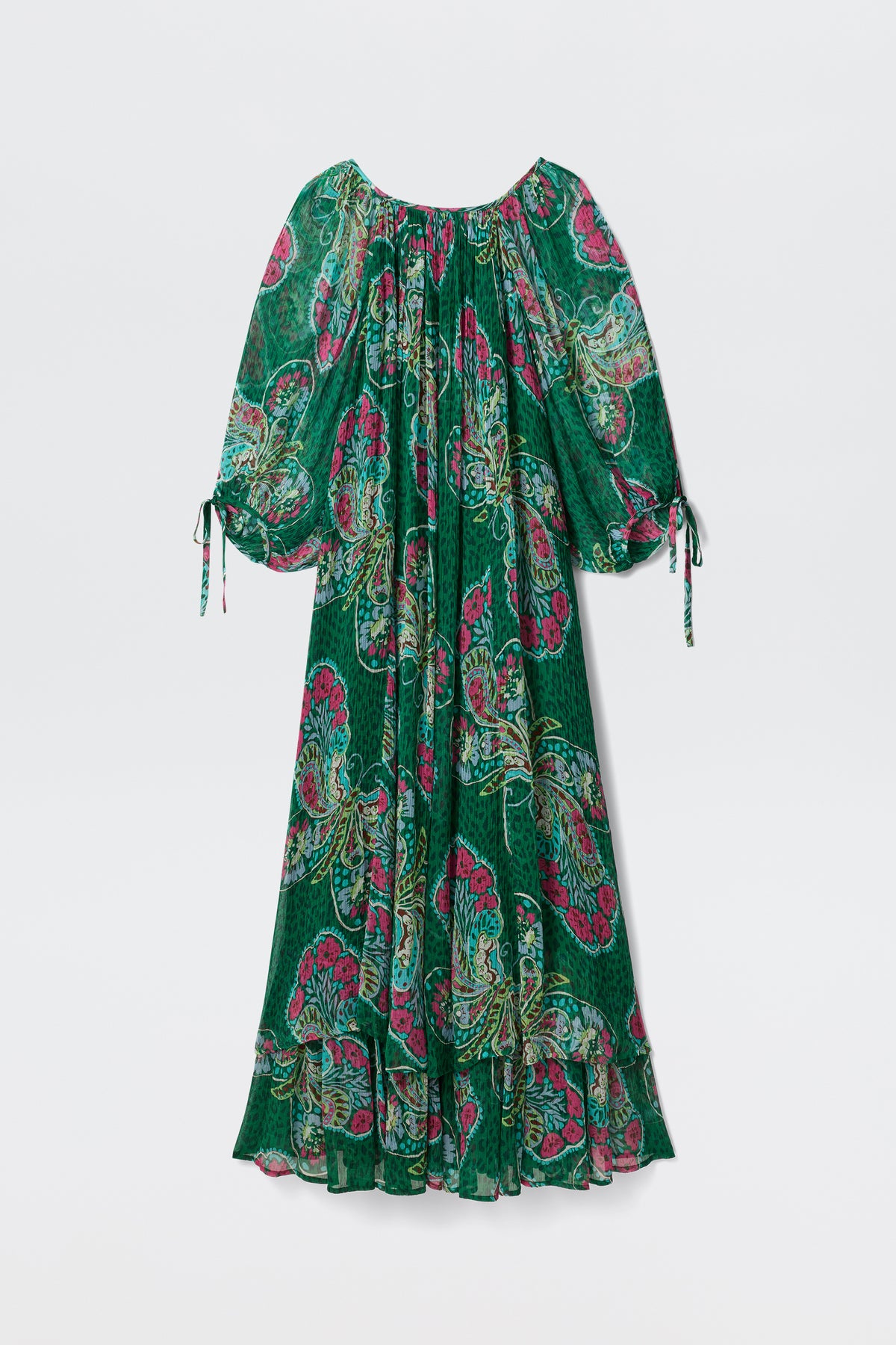 The Hayden - Butterfly Bloom Green dress features a flowy green design with pink and yellow paisley prints, wide tie sleeves, a ruffled hem, off-the-shoulder neckline, and a loose, relaxed fit.