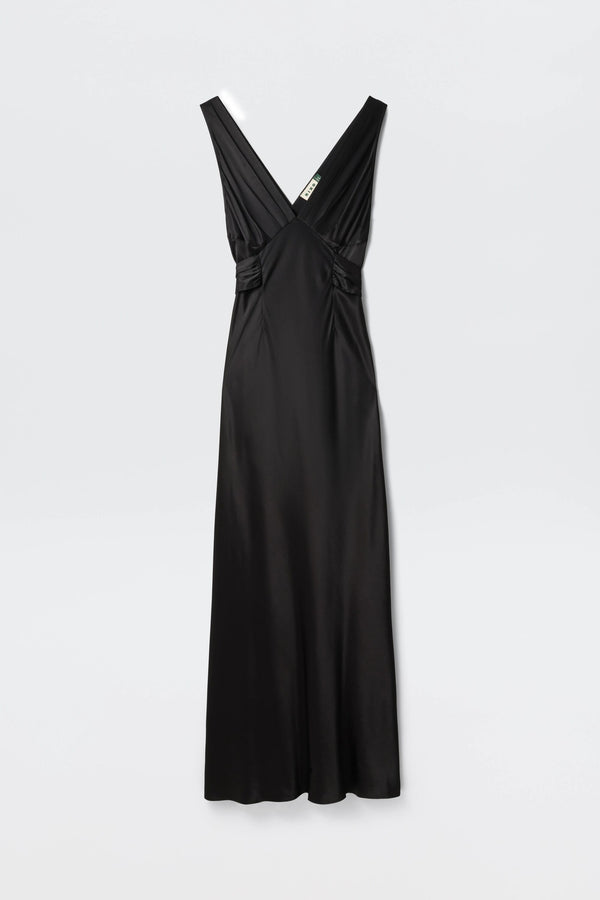 The Evalise - Black is a long, sleeveless satin dress featuring a deep V-neckline and a fitted waist, shown on a plain white background.