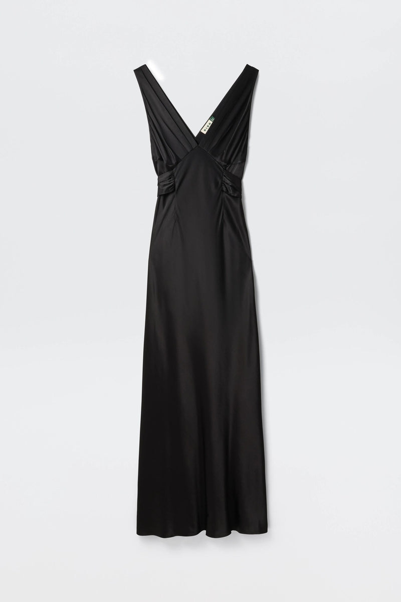 The Evalise - Black is a long, sleeveless satin dress featuring a deep V-neckline and a fitted waist, shown on a plain white background.