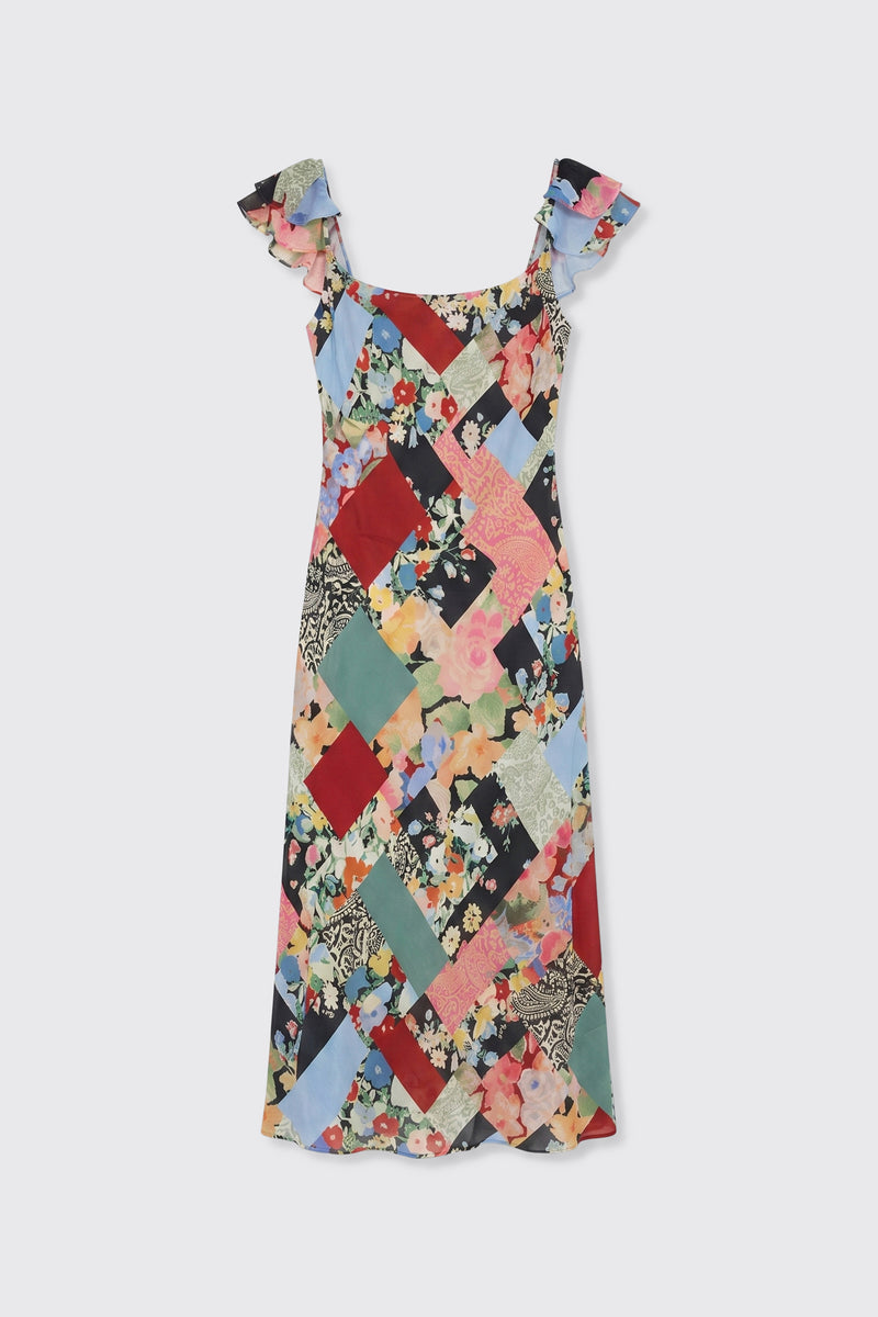 The Adele - Olivia Patchwork Multi is a colorful, sleeveless midi dress featuring ruffled shoulder straps and a vibrant patchwork floral pattern in red, blue, green, black, yellow, and pink. The dress is displayed laid flat on a white background.