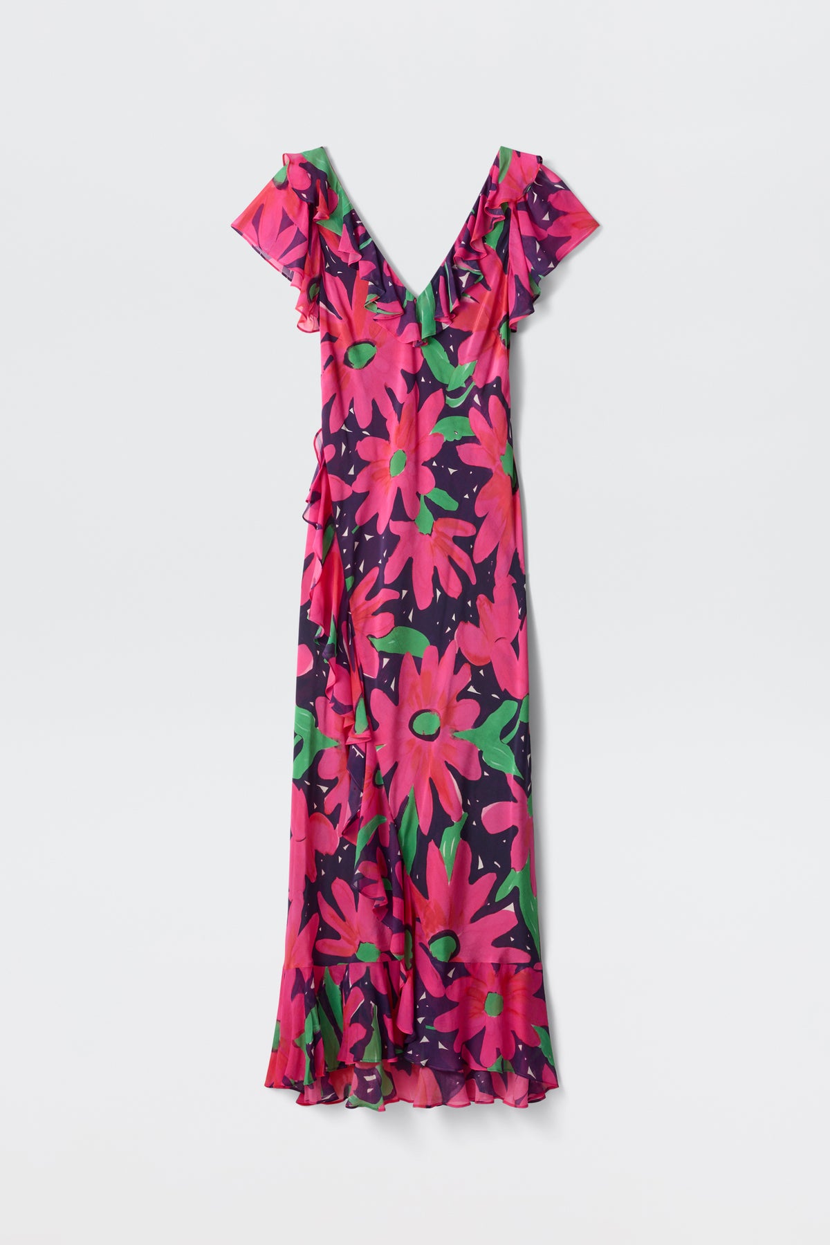 The Meadow - Danish Floral Pink maxi dress features short flutter sleeves, a V-neckline, and a vibrant pink, red, and green floral print on a dark purple background.