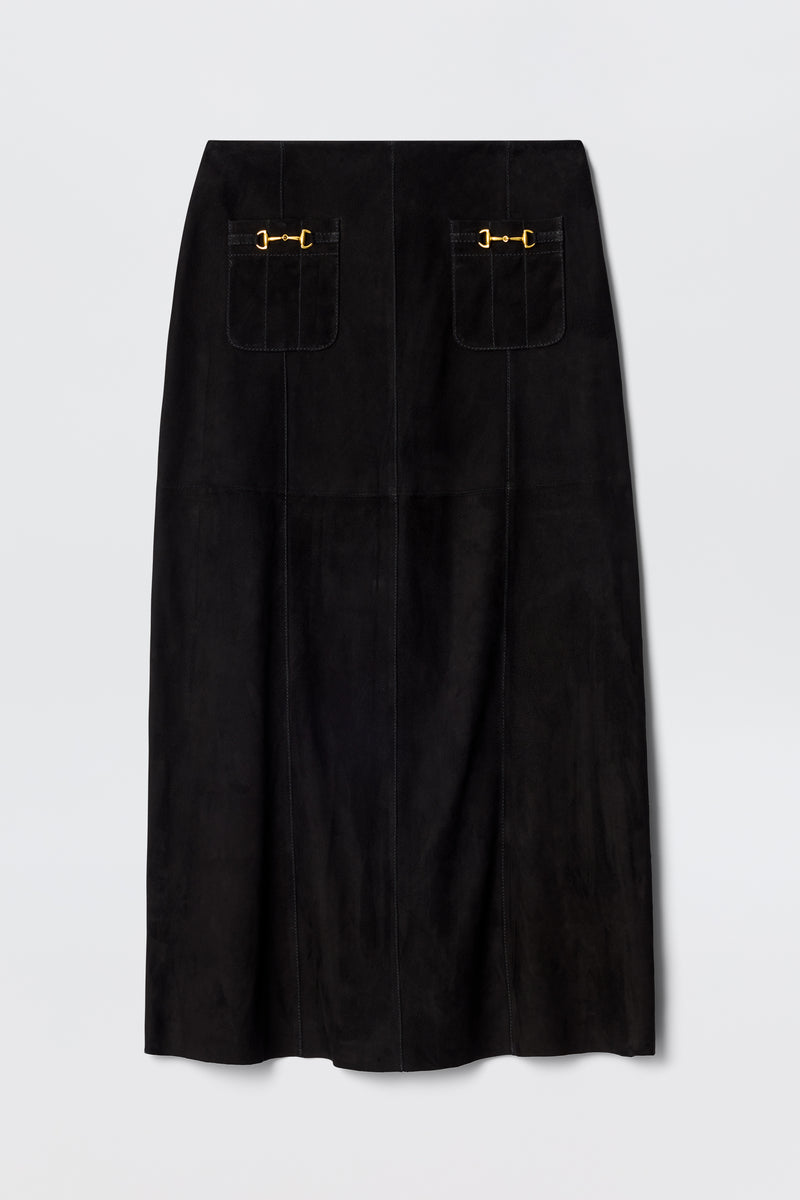 The Edwina - Black is a vintage-inspired black suede skirt featuring two front patch pockets with decorative gold buckles, a straight silhouette, and subtle vertical seam lines for timeless appeal.