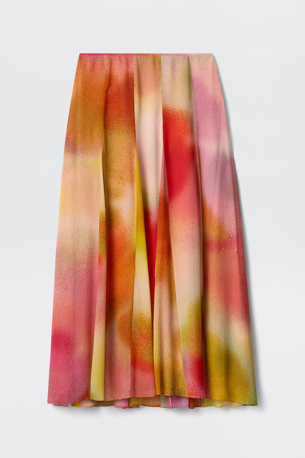 The Billy - Jessica Alexandra Multi is a pleated midi skirt with a vibrant abstract pattern in pink, red, yellow, and green—ideal for spring/summer and shown on a plain white background.