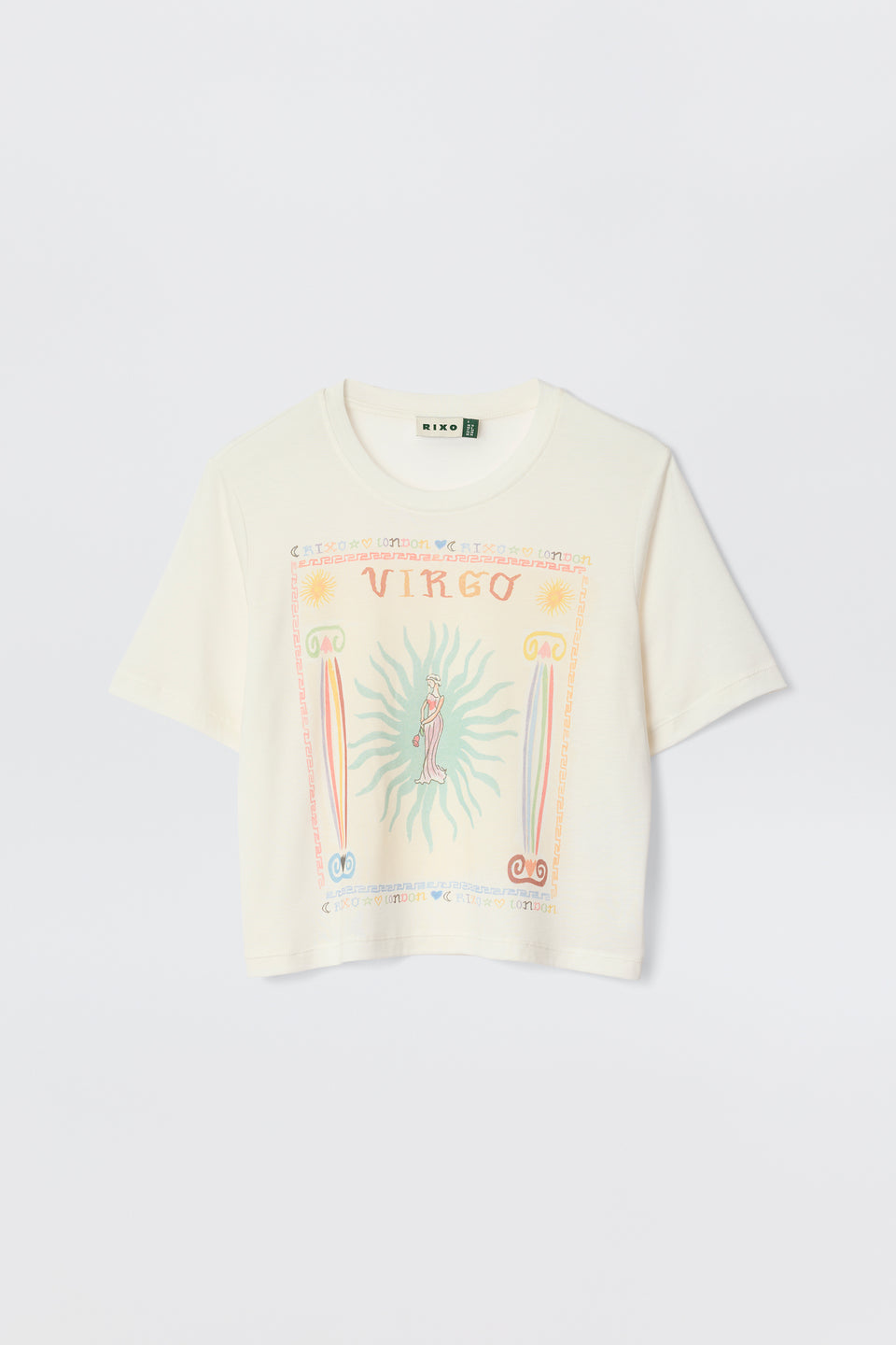 The Ria - Virgo is a white cropped short-sleeve t-shirt with a colorful artistic Virgo print, suns, symbols, and pastel accents on the front. Perfect for pairing with RIXO skirts. Shown against a plain white background.
