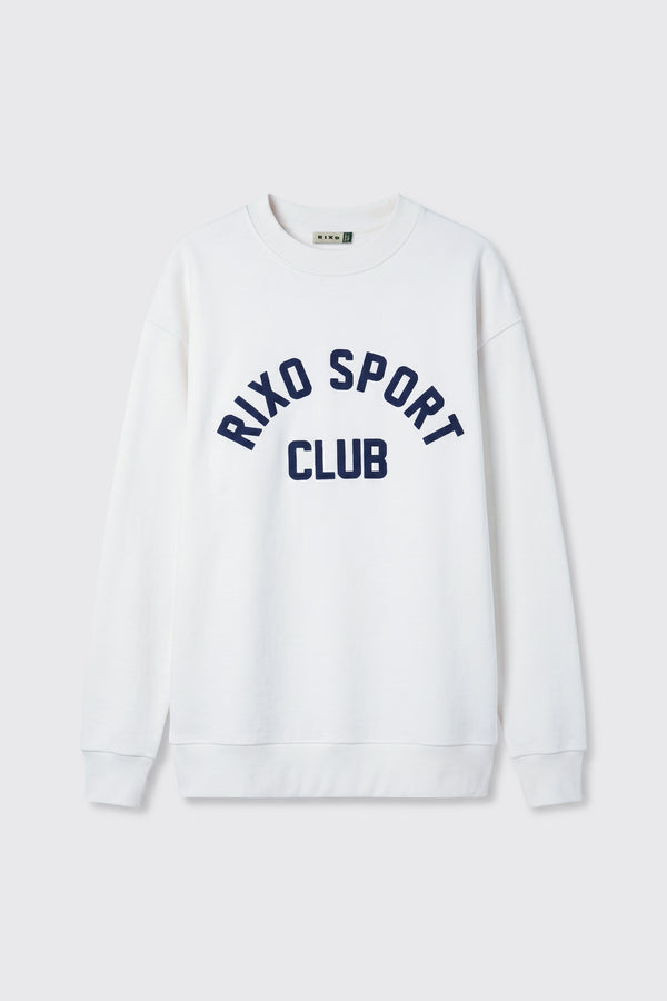 Blaze - Rixo Sport Club White, a white sweatshirt featuring large navy blue “RIXO SPORT CLUB” lettering across the front, displayed on a plain light background.