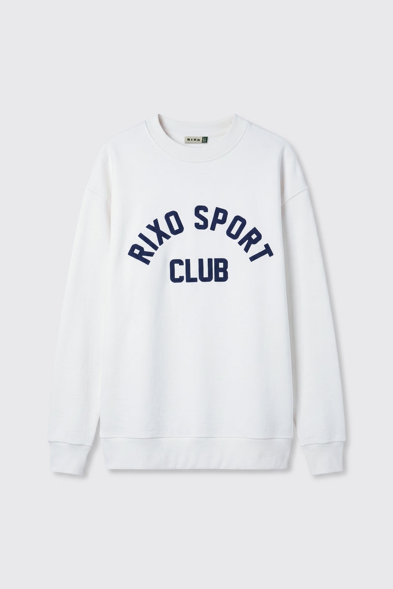 Blaze - Rixo Sport Club White, a white sweatshirt featuring large navy blue “RIXO SPORT CLUB” lettering across the front, displayed on a plain light background.