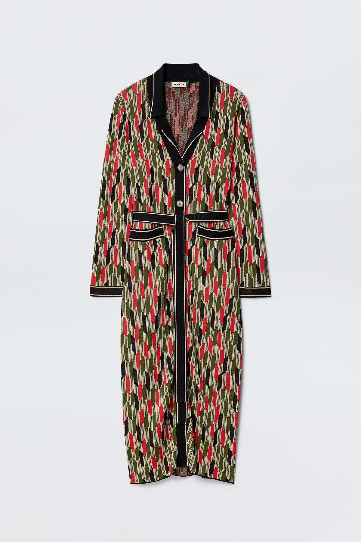 The Apollo - Chevron Yarn Dyed Cream is a long-sleeved, knee-length dress with a chevron print in cream, black trim, a collar, button-down front, and pockets—ideal for refreshing your work wardrobe.
