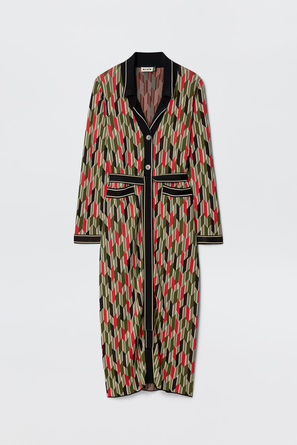 The Apollo - Chevron Yarn Dyed Cream is a long-sleeved, knee-length dress with a chevron print in cream, black trim, a collar, button-down front, and pockets—ideal for refreshing your work wardrobe.