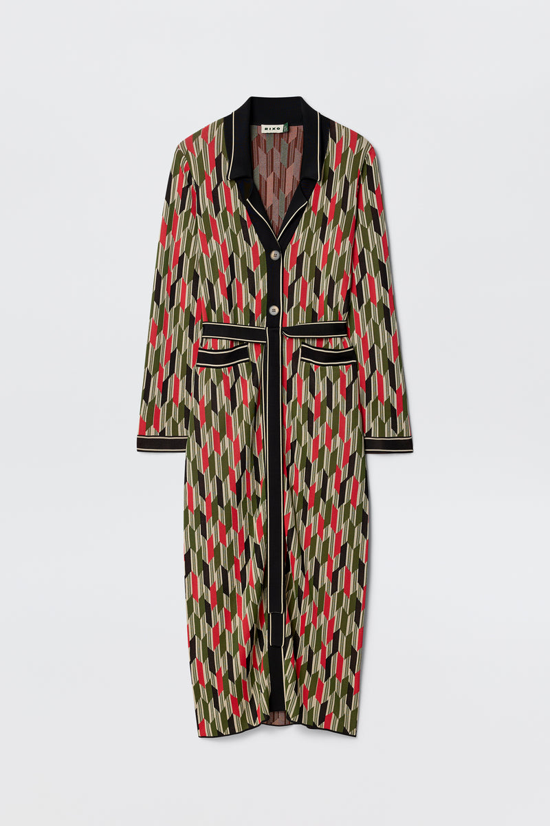 The Apollo - Chevron Yarn Dyed Cream is a long-sleeved, knee-length dress with a chevron print in cream, black trim, a collar, button-down front, and pockets—ideal for refreshing your work wardrobe.