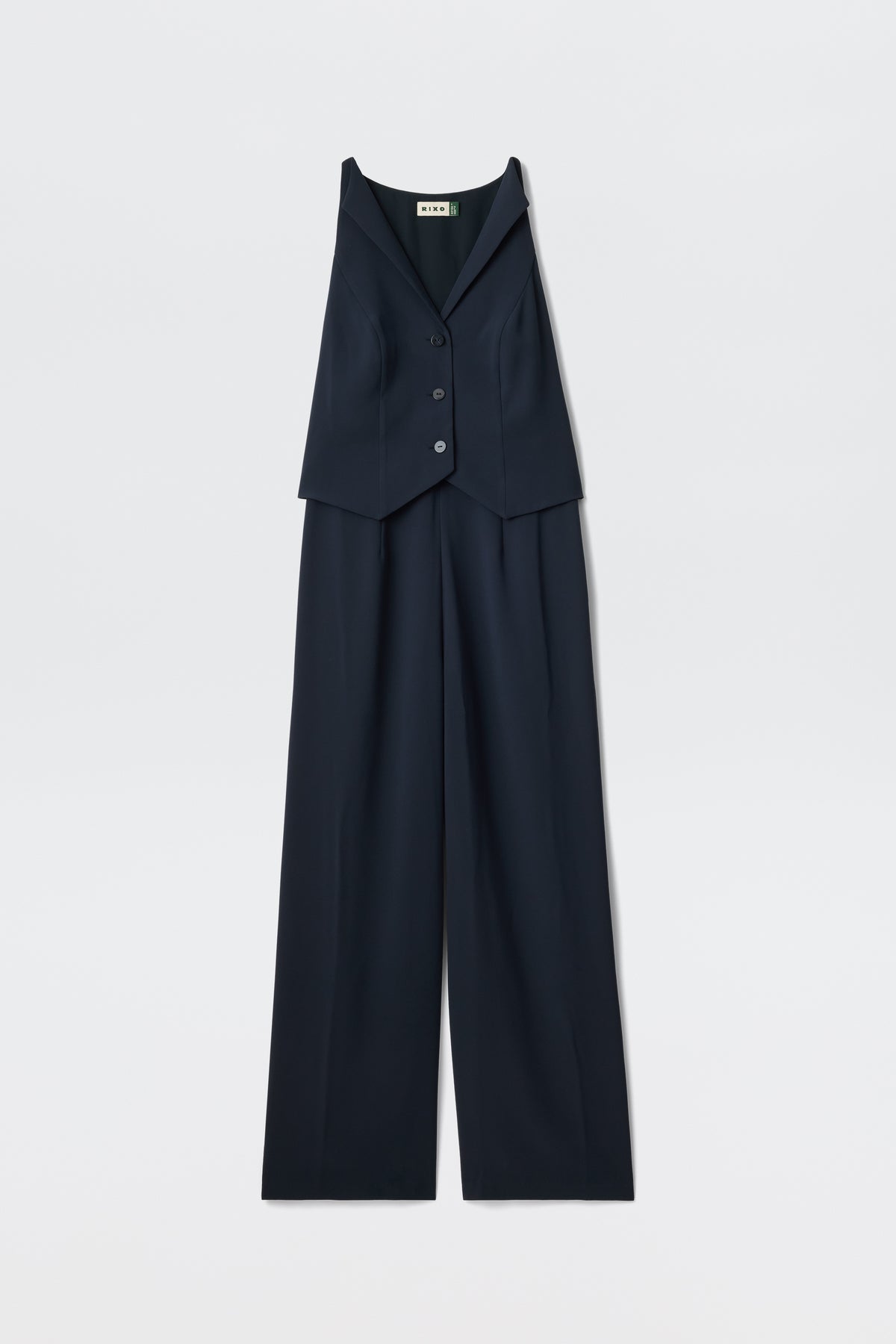 The Sienna 2 - Navy is a sleeveless jumpsuit in dark navy, featuring a button-up vest-style top and wide-leg pants, displayed on a white background.