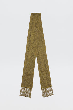 The Channing - Gold is a long, textured, vintage-inspired olive green scarf with thin fringe on both ends, displayed flat against a plain white background.