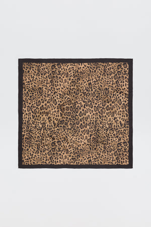 Elianna - Mila Leopard Brown square scarf featuring a leopard print pattern with a solid black border, displayed flat on a plain white background.