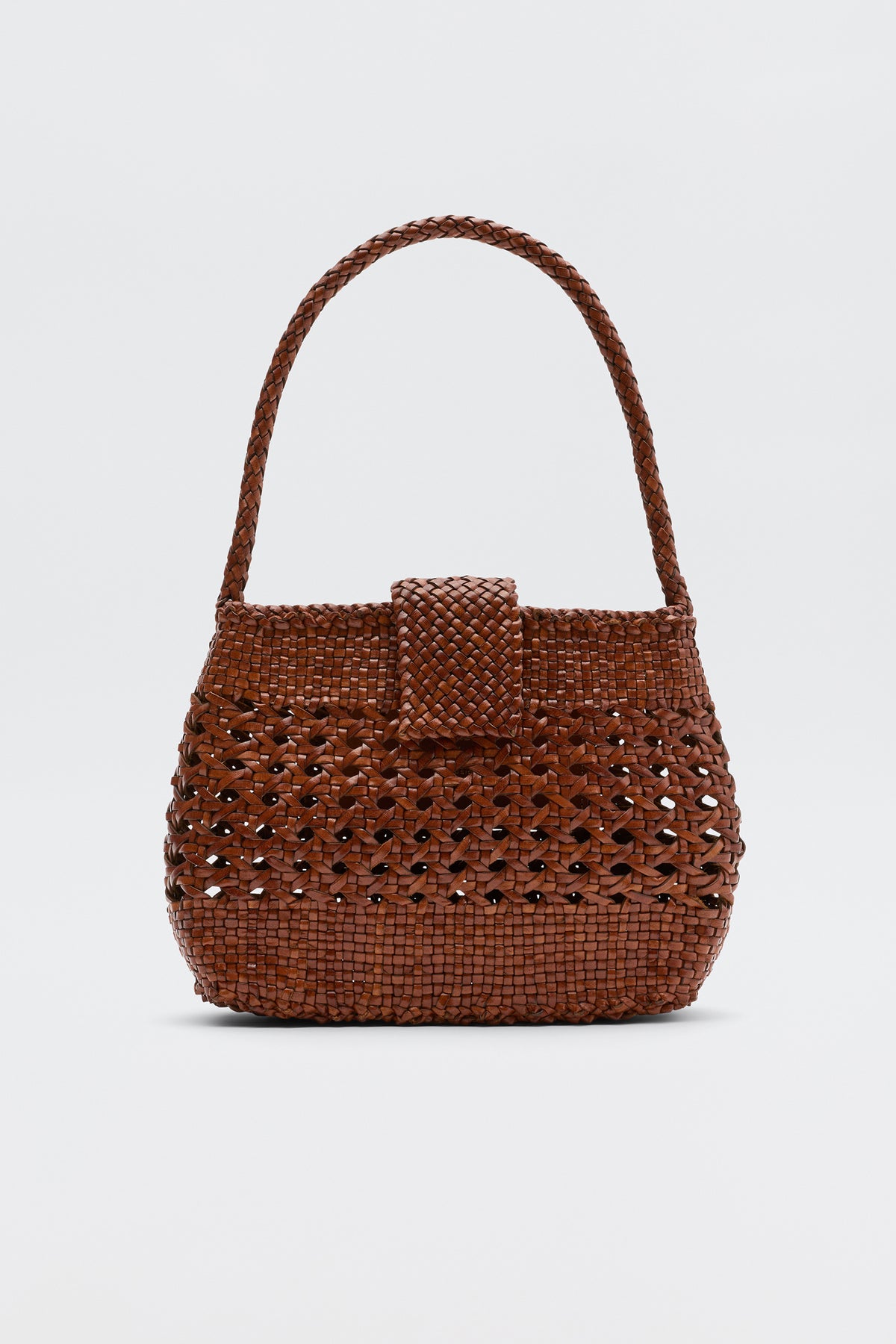 The Amoria - Tan is a brown woven handbag inspired by vintage styles, featuring a single braided handle and flap closure, shown against a plain light background.