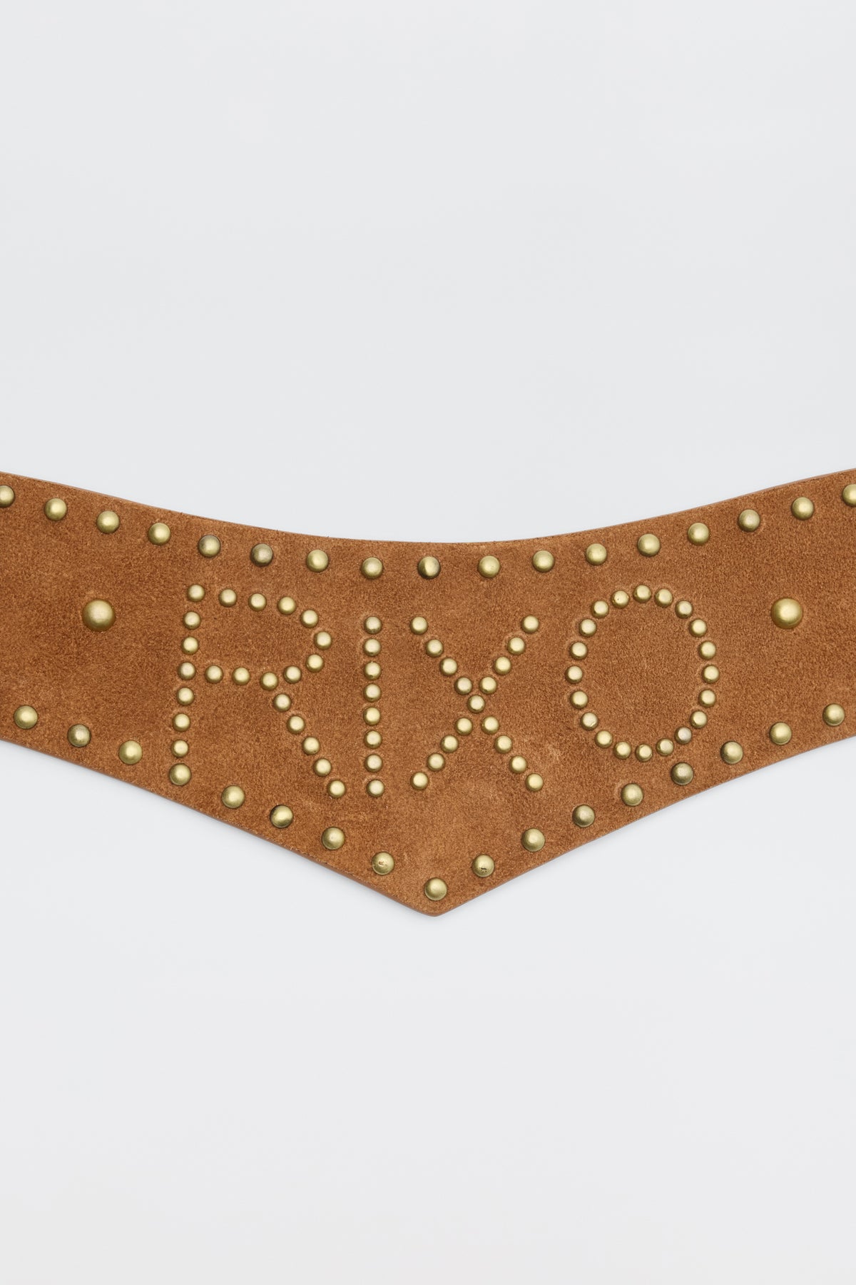 A Lorelei - Camel brown suede V-shaped belt with gold studs outlining the edges and spelling RIXO, displayed on a plain white background.