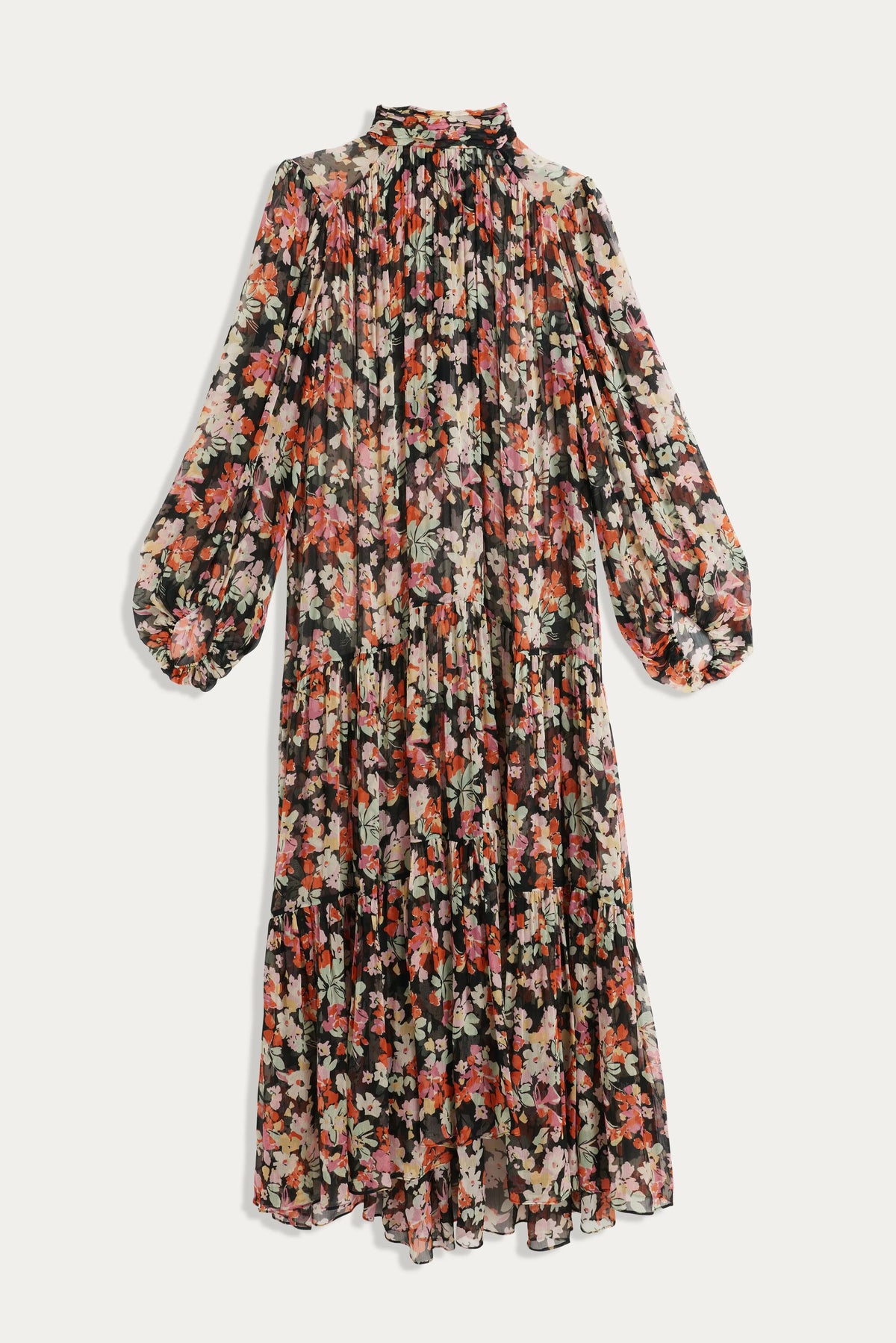 The Adalind - Primrose Floral Deep Navy dress features long sleeves, ankle length, a high neck, sheer black fabric with primrose floral print, and a loose silhouette with gathered waist and neckline for bohemian evening elegance.