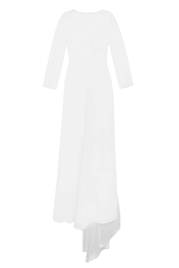 The Cesca - Ivory is a vintage-inspired ivory silk gown with long sleeves, a fitted bodice, slightly flared skirt, asymmetrical hemline, and an elegant satin train.
