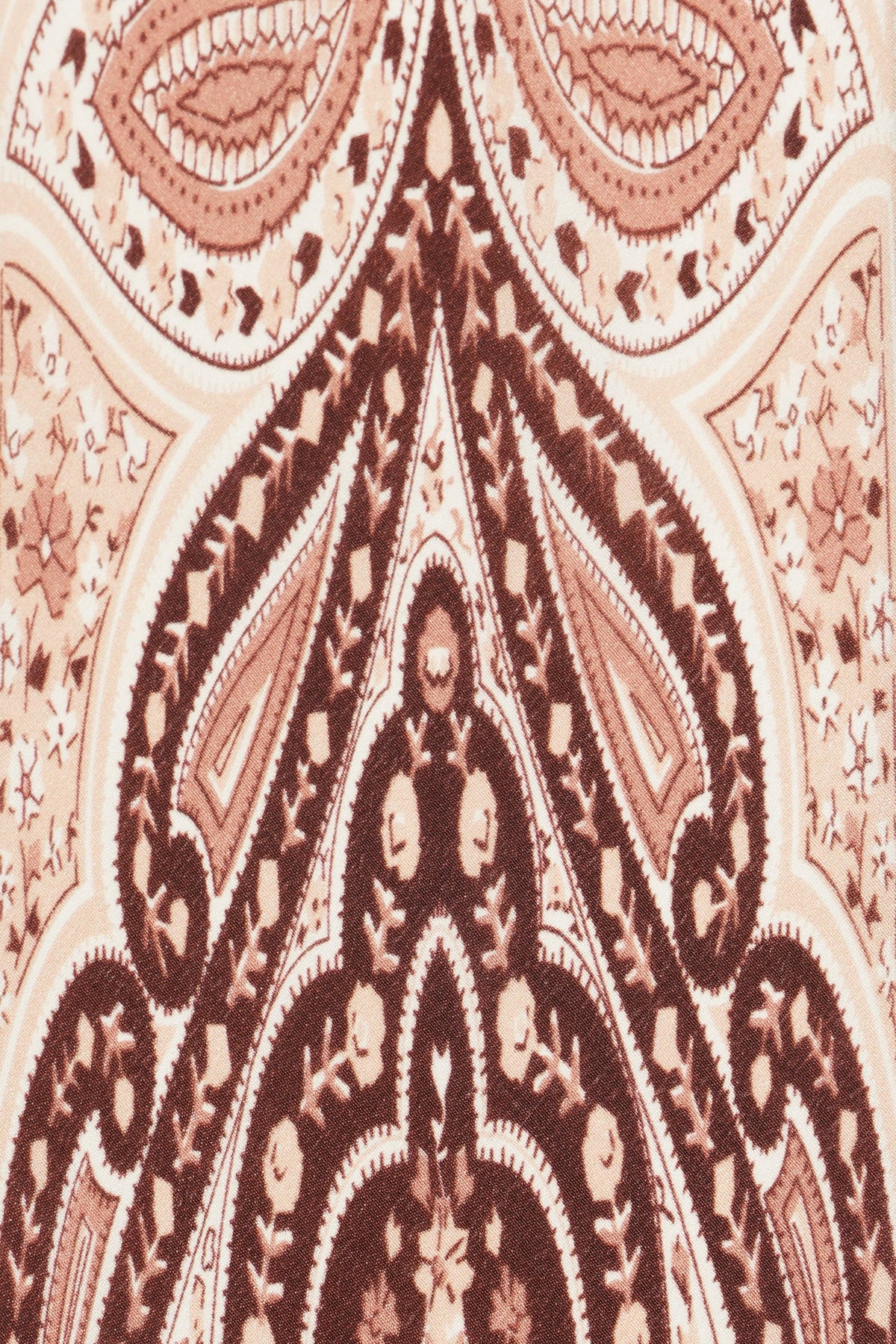 The Yelina - Paisley Flora Brown features an ornate, symmetrical paisley and floral pattern in brown, beige, and cream, with intricate detailing and vintage-style curves—perfect for a decorative silk scarf.