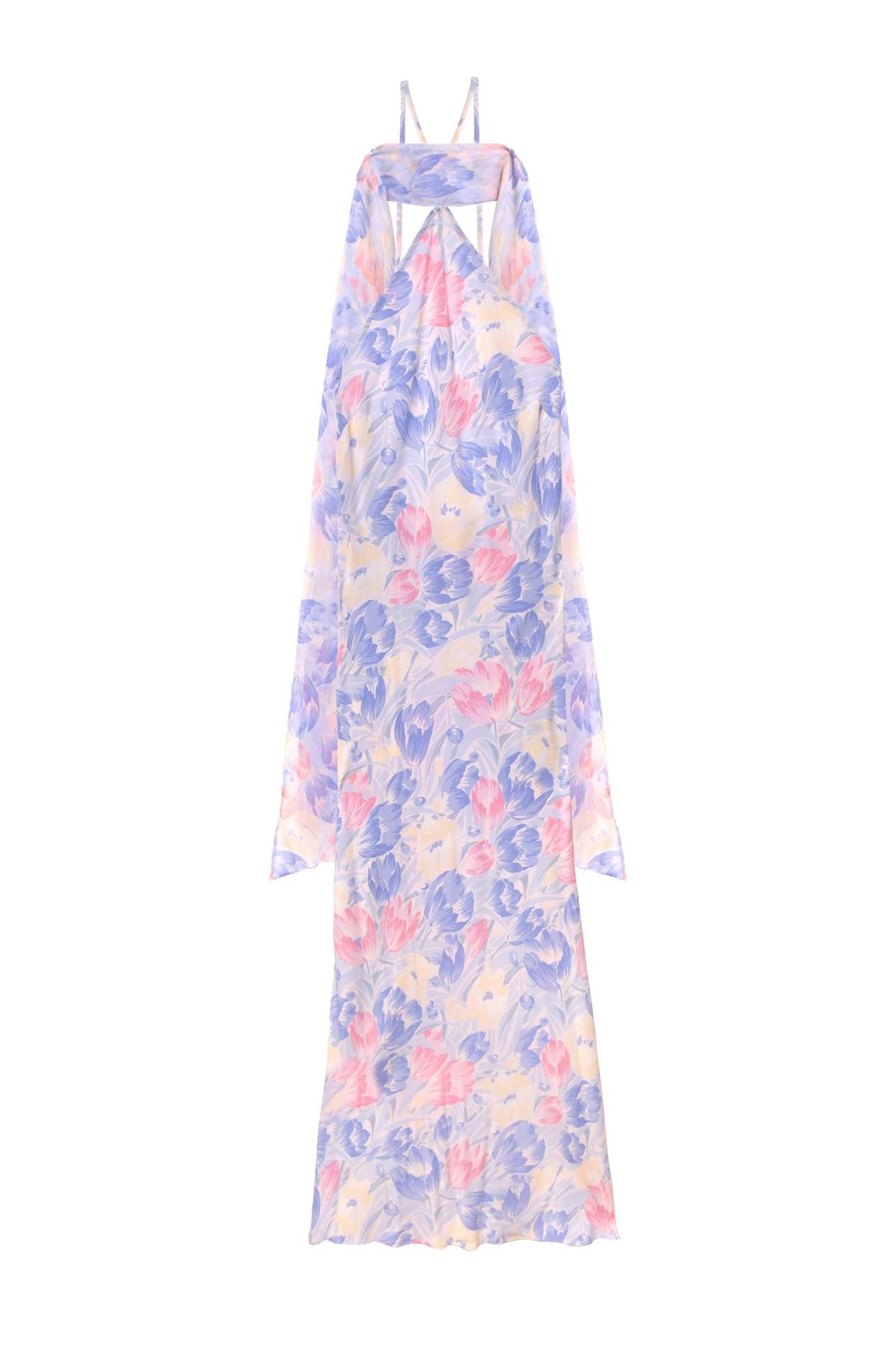 The Hayley – Tulip Fields Blue dress is a long, sleeveless silk crepe de chine halter with a flowy pastel floral print and a detachable georgette scarf for an elegant touch.