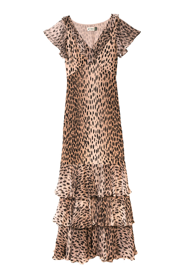 The Amelle - Antelope Spot Black is a sleeveless, v-neck silk crepe de chine dress with ruffled cap sleeves, layered ruffles at the hem, and a tan and black animal print pattern.