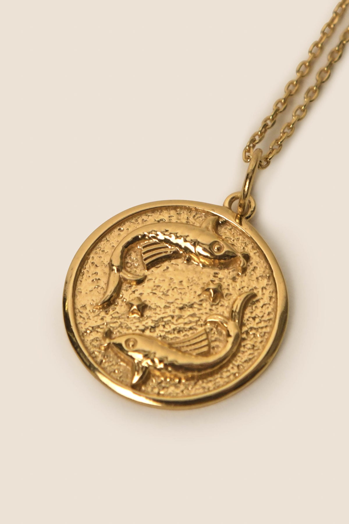 The Zodiac - Pisces necklace features a gold vermeil round medallion with a raised design of two fish swimming in opposite directions, symbolizing the Pisces zodiac sign, on a delicate gold chain.