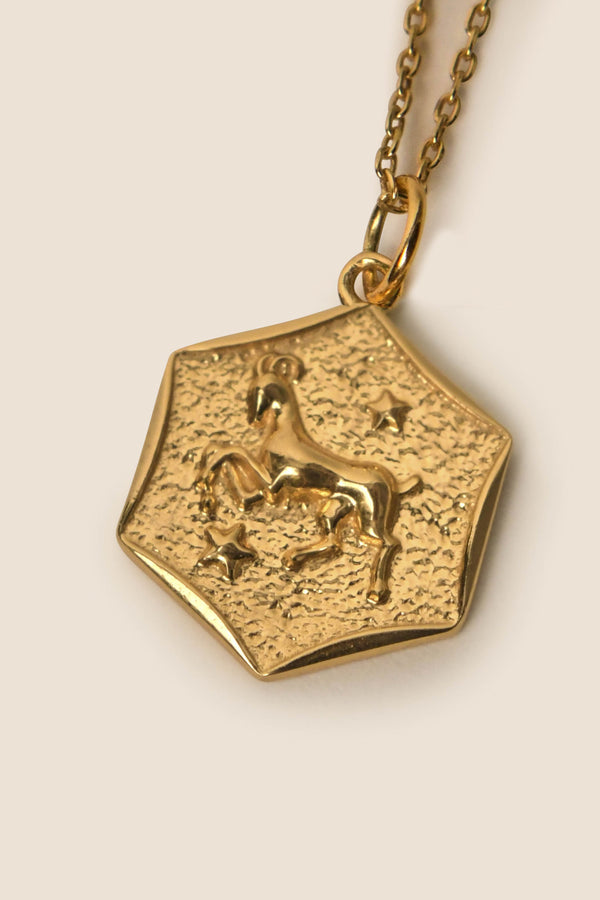 Gold vermeil pendant featuring a raised image of a horse and two stars on a textured, irregular pentagon shape, suspended from a delicate chain against a light background. Inspired by Zodiac necklaces, the Zodiac - Aries brings celestial charm to any collection.