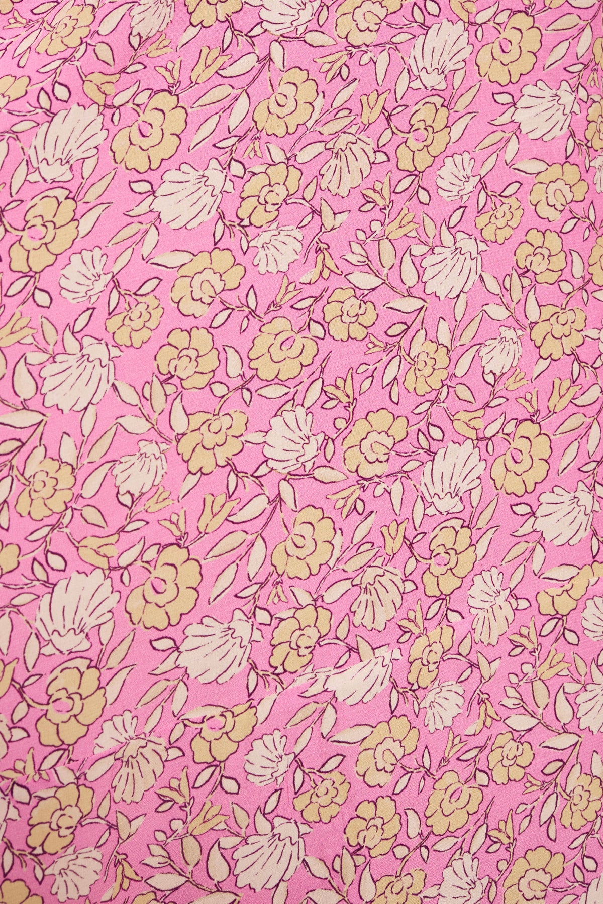 A close-up of Novara - Shell Pansy Mix Multi fabric in pink, adorned with small cream and pale yellow flowers and brown-outlined leaves—ideal for creating a vintage-style dress.
