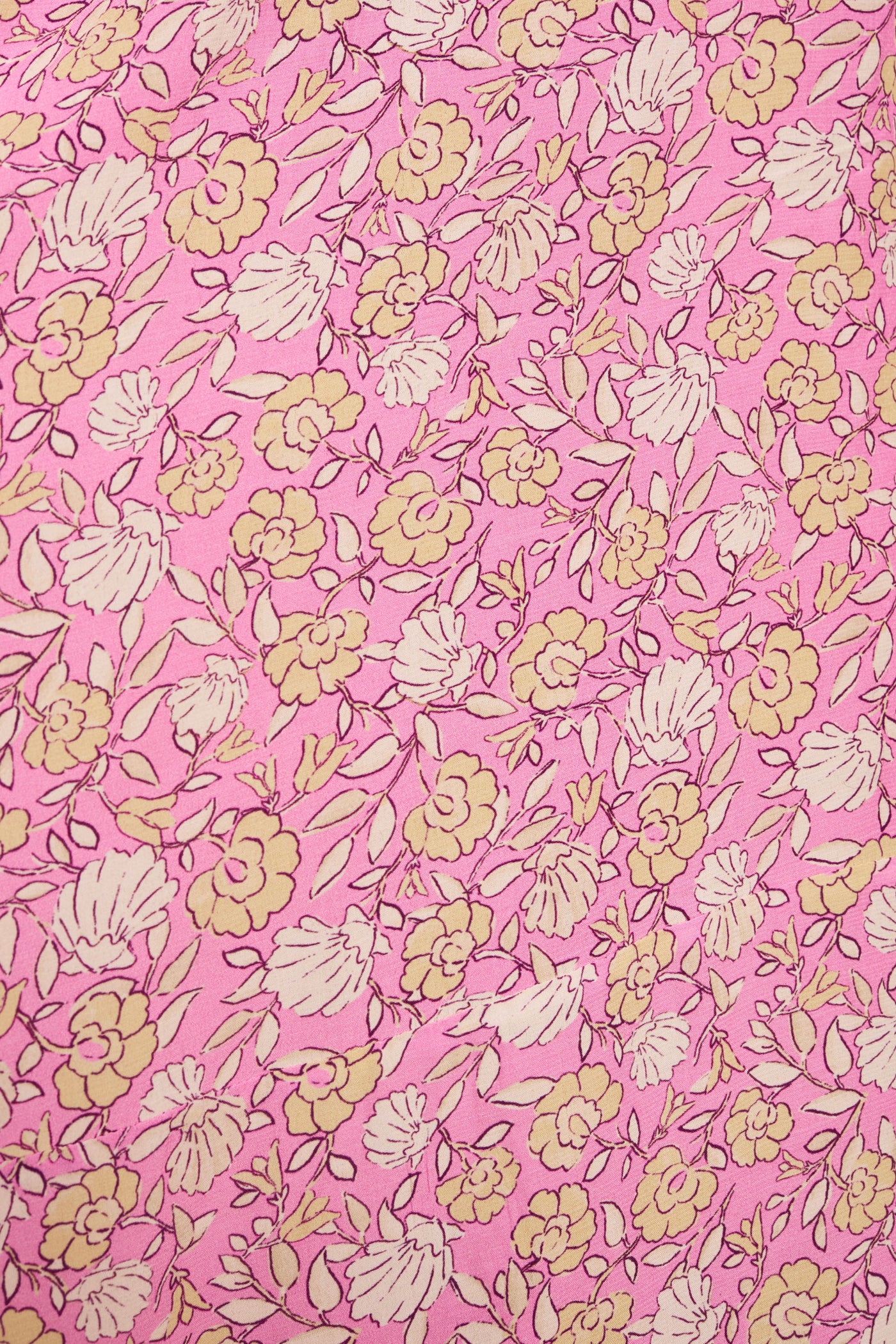 A close-up of Novara - Shell Pansy Mix Multi fabric in pink, adorned with small cream and pale yellow flowers and brown-outlined leaves—ideal for creating a vintage-style dress.