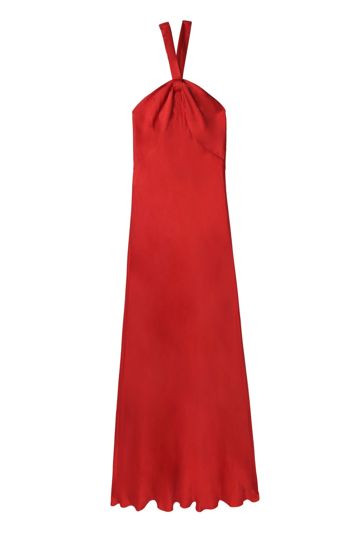 The Losanna - Red is a sleeveless, floor-length satin dress featuring a halter neckline, open back, and a slight flare at the hem, shown on a white background.